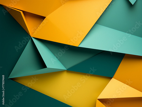 Abstract geometric shapes cast shadows on green and yellow paper.