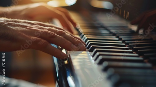 Exquisite extreme close-up of a musician's fingers skillfully playing intricate chords on a piano, symbolizing the harmonious relationship between music theory and composition.