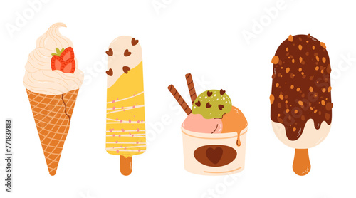 Set of ice cream. Desserts, sweet eating set. Yummy street food, confectionery snacks. Ice cream balls in cup, ice-cream in cone, dessert glazed with choco. Flat vector illustrations, isolated 