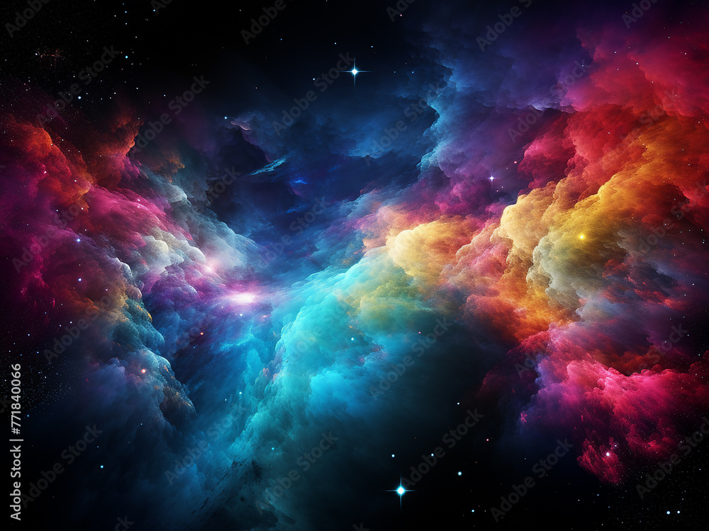 Naklejka premium Digital drawing reveals a colorful nebula filled with glowing particles.
