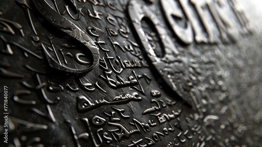 Extreme close-up of textured wallpaper with embossed lettering and ...