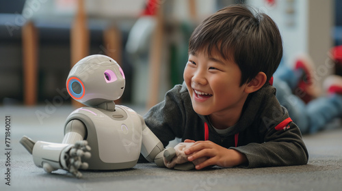 The child is happily sharing a leisurely moment with a toddler while playing with a robot on the floor, bringing smiles and fun to their recreation time photo