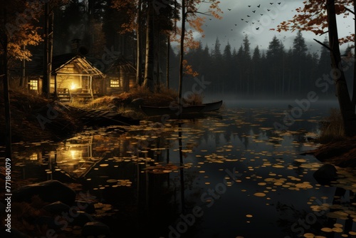 A cabin on a lake at night. The water is filled with lily pads and a boat sits nearby. The sky is dark and there are birds flying overhead.
