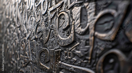 A detailed macro lens captures the intricate details of embossed lettering and typography on textured wallpaper, elevating wall decor with a sense of depth and dimension.