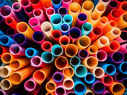 Abstract composition features colorful pipes or drink straws.