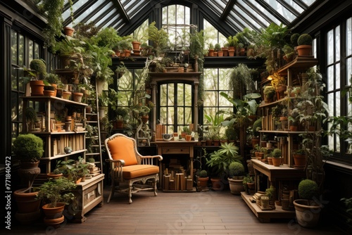 A greenhouse-like space with lush potted plants that represent a harmonious connection with nature.