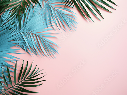 Exotic layout features tropical leaves on pastel pink and blue.