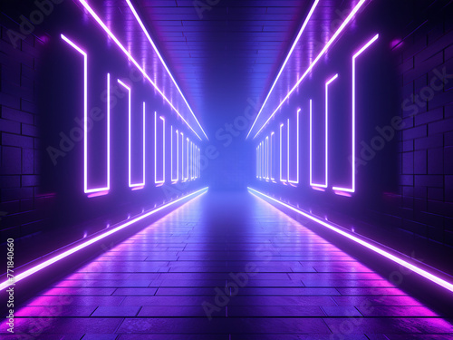 Neon lights in a cyber setting illuminate a glossy corridor.
