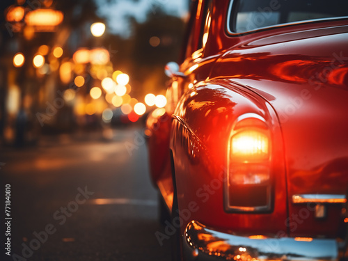 Softly blurred car lights in the city form a romantic red shape in retro style.