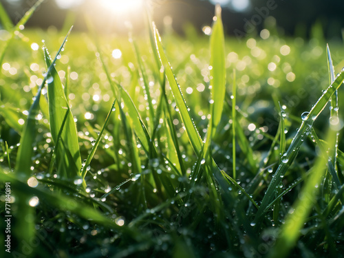 Morning dew adds a glistening touch to sunlit grass.