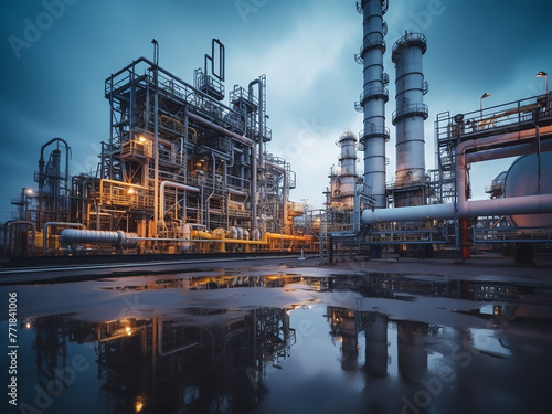 Oil refinery industrial background showcases equipment and pipelines.