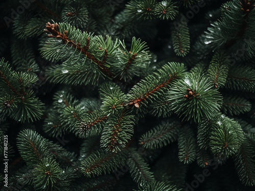 Forest landscape shows fluffy fir branches and spruce twigs.