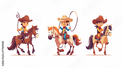 Cute cowboy with lasso on the horse horse on white