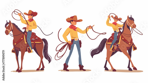 Cute cowboy with lasso on the horse horse on white