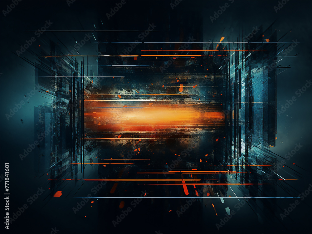 Distressed screen illustration with glitch overlay, showcasing blue and orange color glow. Distressed screen illustration with glitch overlay, showcasing blue and orange color glow.