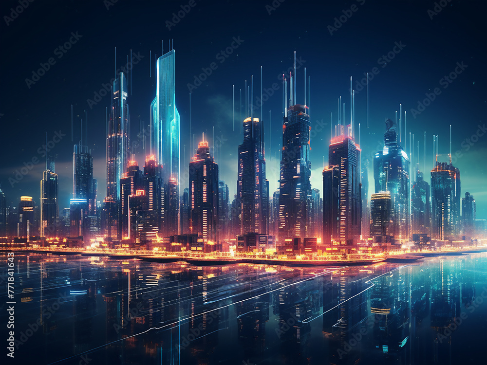 Modern city skyline illuminated by glowing skyscrapers, crafted by artificial intelligence.