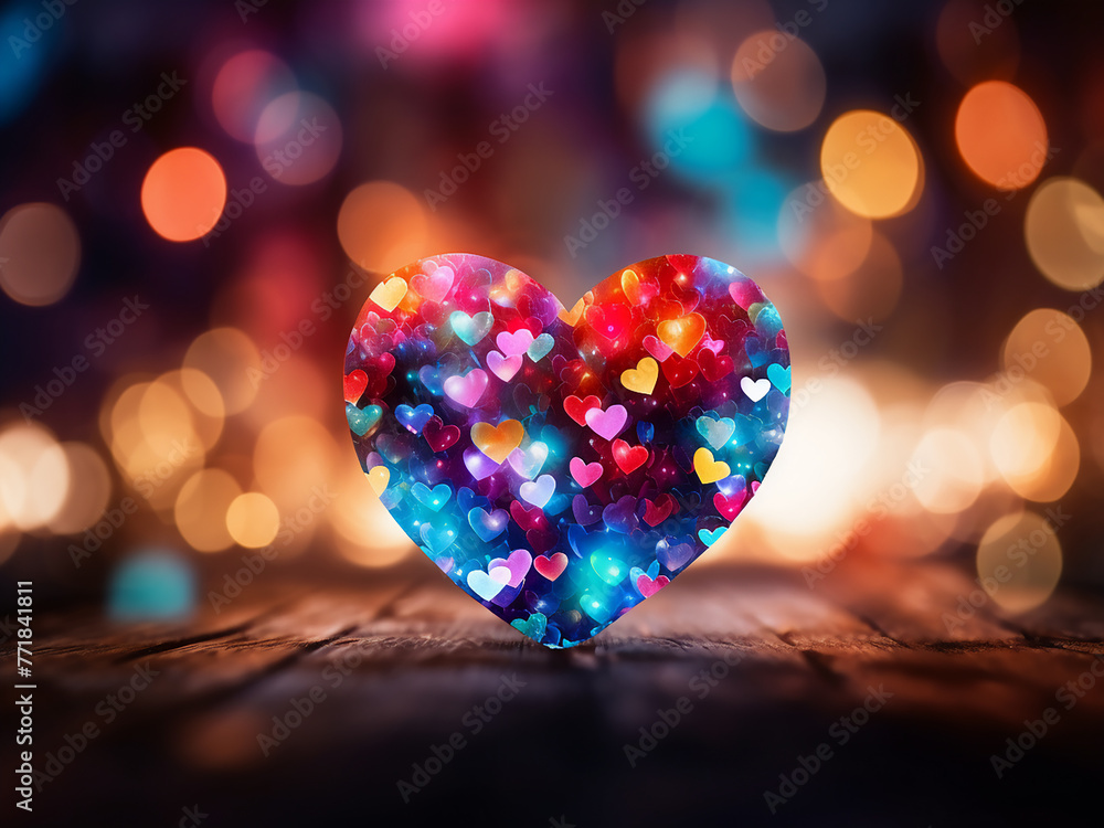 Multi-colored bokeh abstract background forms a heart shape with a blur effect.