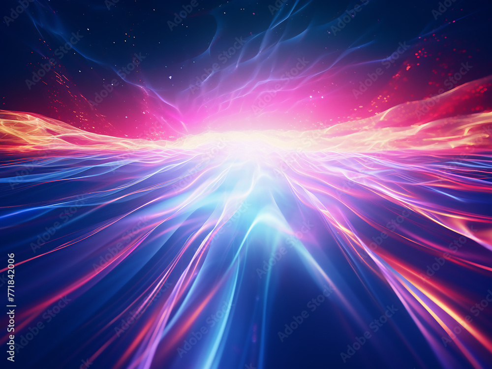 Neon flares and colorful rays illuminate the tech-laden future. Neon flares and colorful rays illuminate the tech-laden future.
