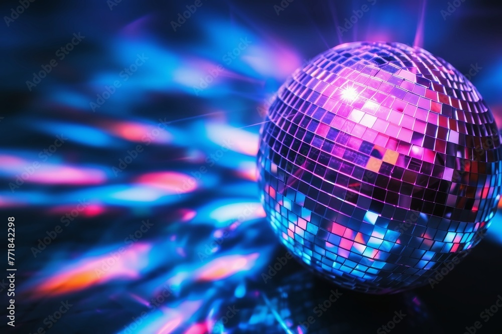 Obraz premium A disco ball with reflecting light beams on a dark background.