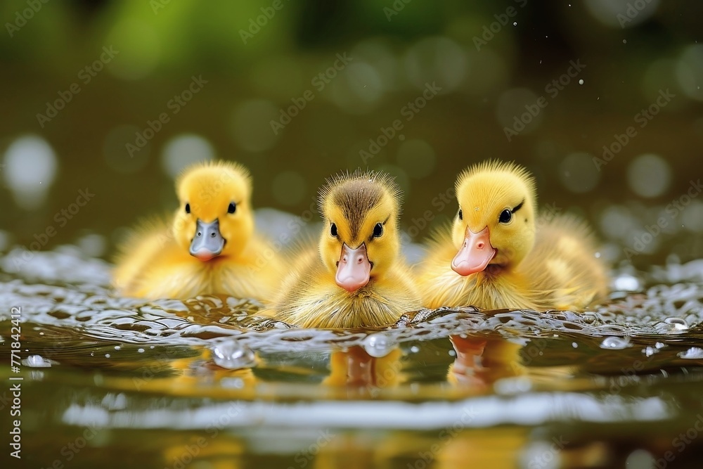 Little very cute baby ducks swimming in a pond. Little very cute baby ducks swimming in a pond.