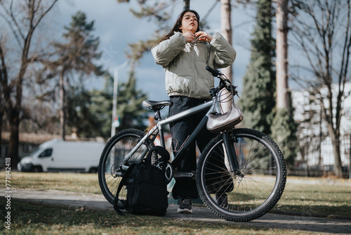 Outdoor leisure activity captured with an individual taking a break from cycling in a serene park setting, complete with a bike and safety gear.