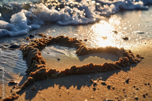 The shape of a heart written in the sand on the beach.