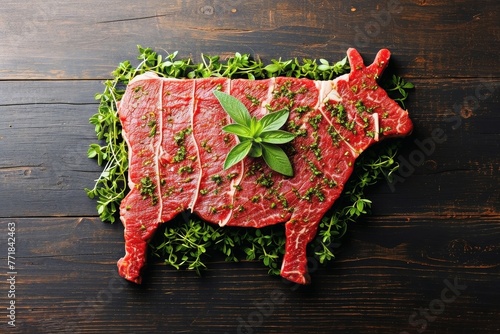 Top view of a steak in shape of a cow. photo