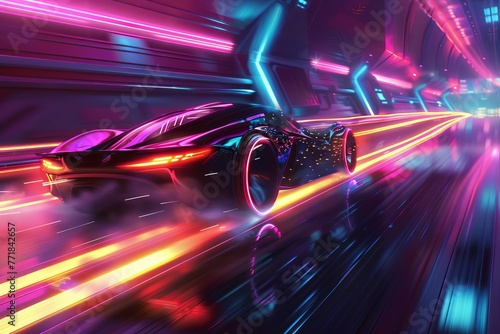 Futuristic Supercar Racing on Neon Highway with Motion Blur and Glowing Lights, Digital Art © Lucija