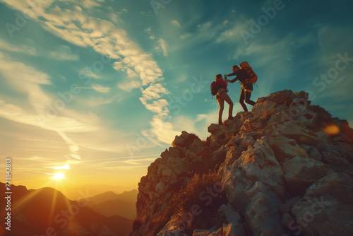 Teamwork concept. Two friends hikers climbing on the top of the mountain and helping eachother. Ledership. High quality photo photo