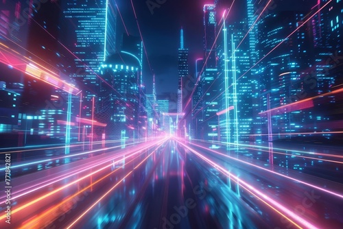 Futuristic neon light trails speeding through modern city with glowing skyscrapers, motion effect, abstract background