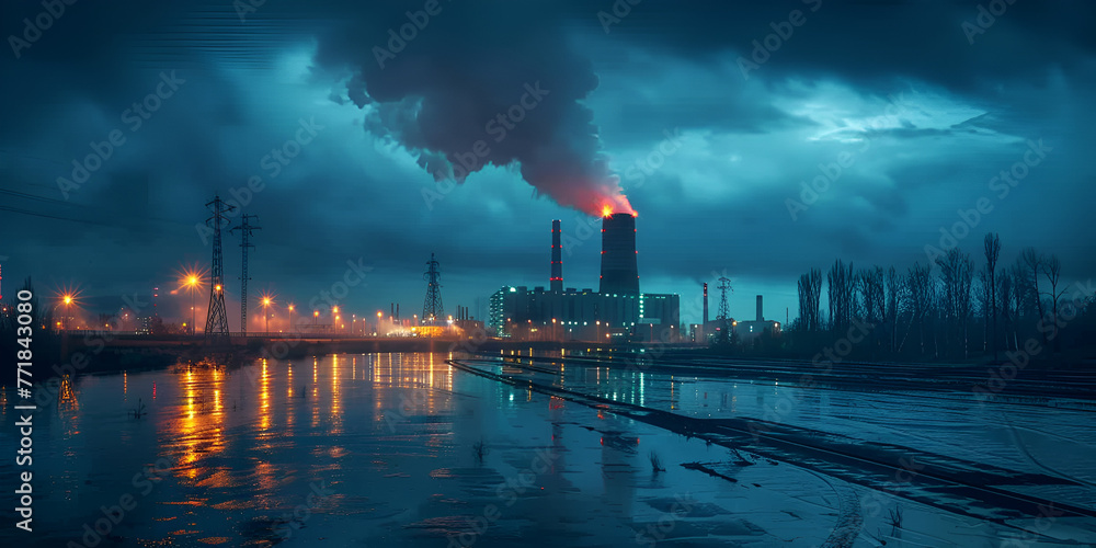 refinery at night with smoke, Night Glow: Industrial Refinery with ...