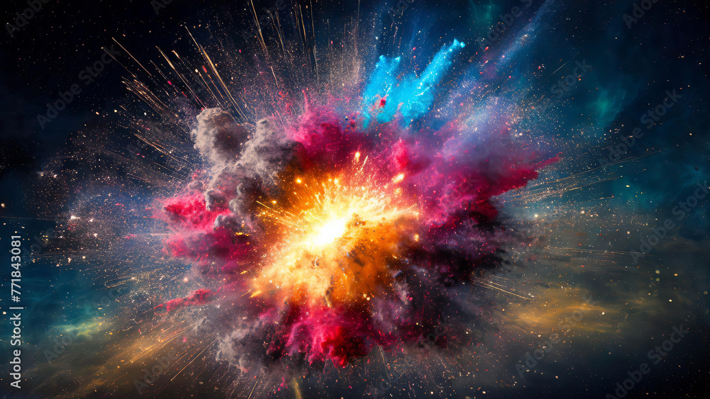 Vibrant abstract explosion Big Bang Universe of colorful light against a backdrop of dark clouds