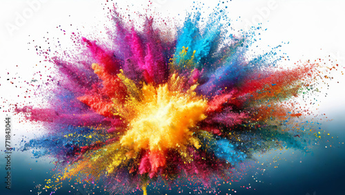 Dynamic burst of colorful powder on a stark white backdrop