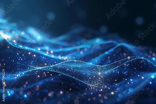 Futuristic glowing digital particles on a dark blue hi-tech science background, abstract illustration