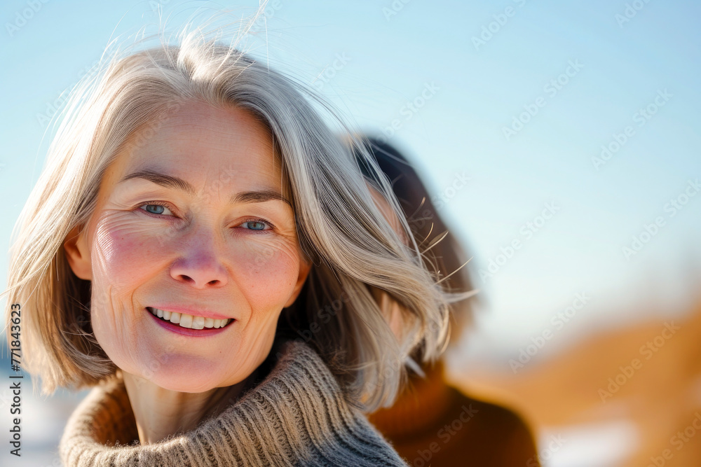 A woman with gray hair is smiling and wearing a sweater A woman with gray hair is smiling and wearing a sweater