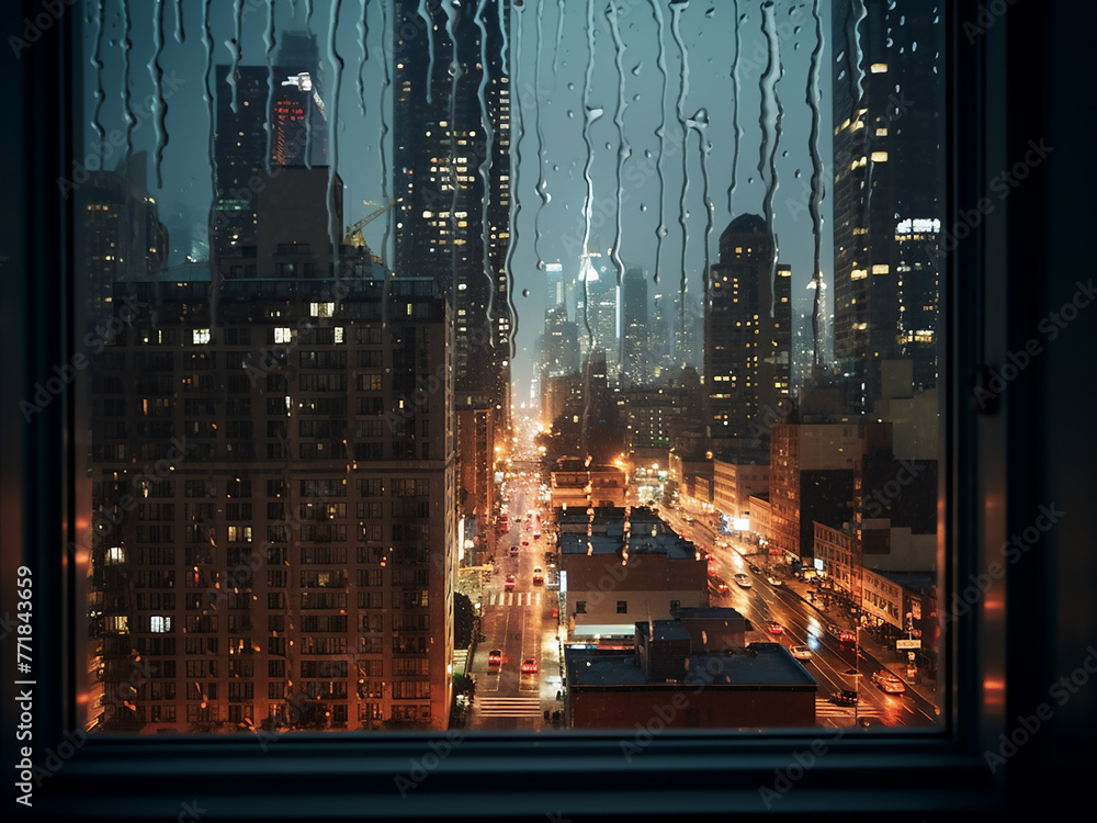 Night city serves as backdrop through wet window. - obrazy, fototapety, plakaty 