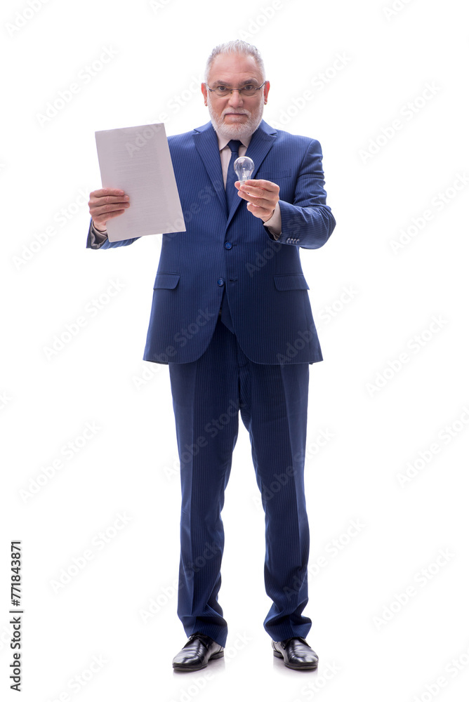 Old businessman in happy idea concept isolated on white Old businessman in happy idea concept isolated on white