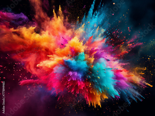 Vibrant powder explosion creates a colorful abstract backdrop.