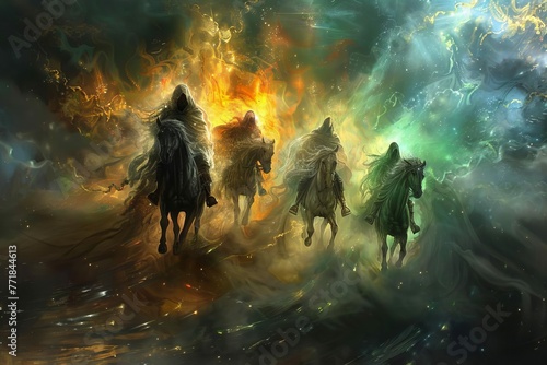 Four Horsemen of the Apocalypse, Book of Revelation, biblical prophecy, disease and death, mystical particles, digital fantasy painting photo