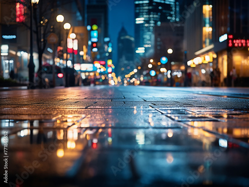 Bokeh background features street lights illuminating the city at night.