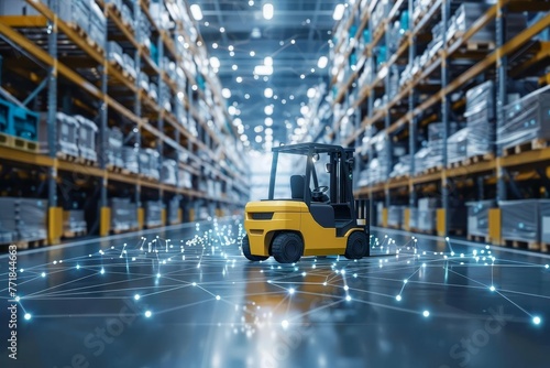 Forklift doing storage in warehouse by artificial intelligence automation, robotics applied to industrial logistics