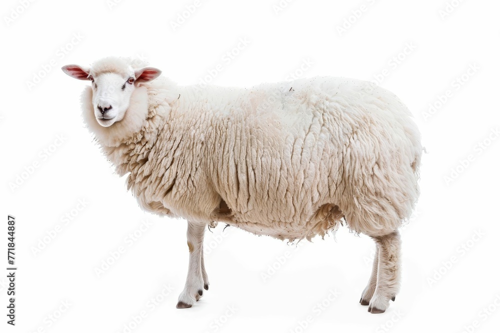 Fluffy white sheep standing alone on plain white background, isolated stock photo