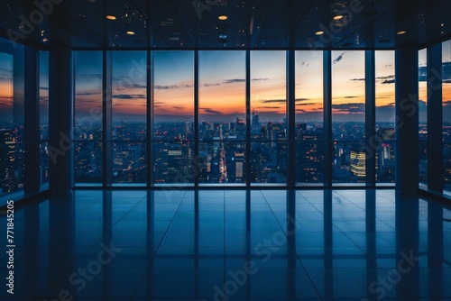 A view of the city from inside a sleek office building