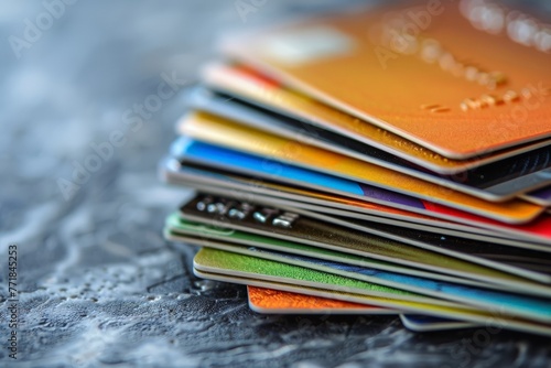 A stack of credit cards in various colors photo