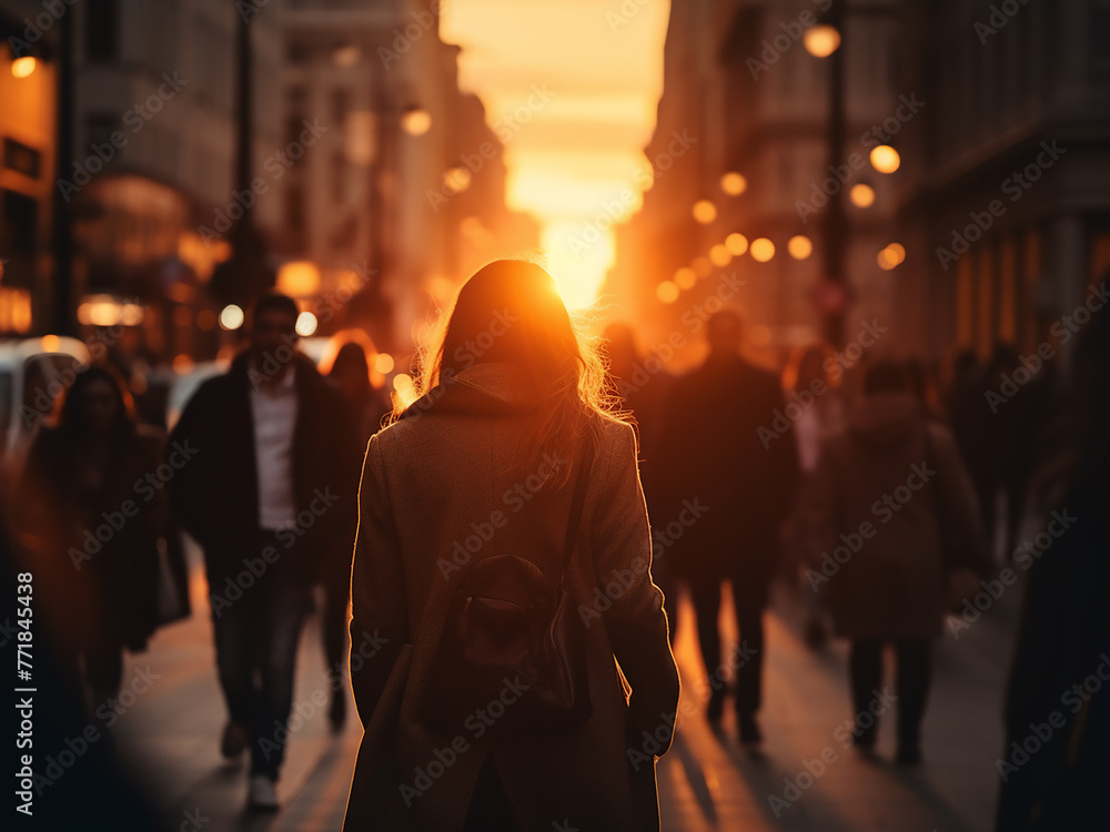 Blurred image captures people in beautiful sunset light. Blurred image captures people in beautiful sunset light.