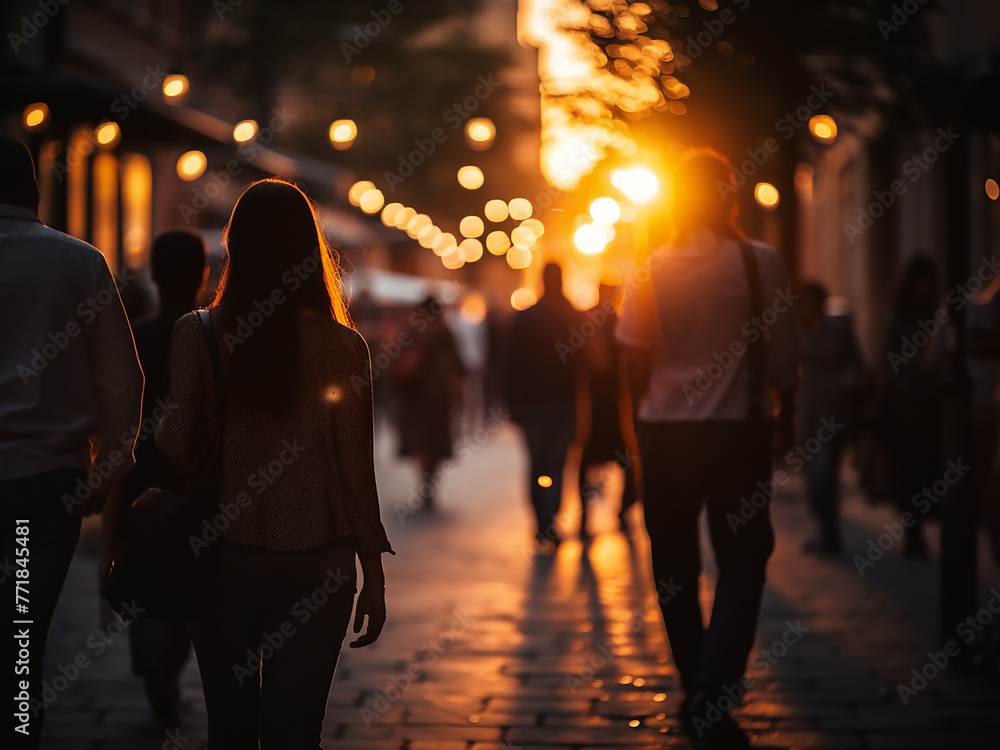 Pedestrians move through the beautiful twilight, faces indistinct. Pedestrians move through the beautiful twilight, faces indistinct.