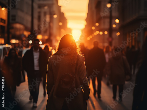 Blurred image captures people in beautiful sunset light. photo