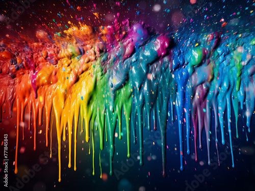 Colorful display: Rainbow linear paint splatter decorates the background.