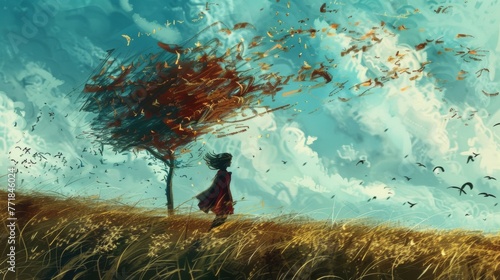 Woman in the field at windy weather