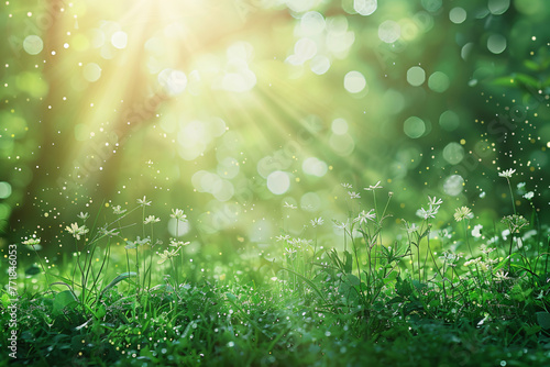 Beautiful meadow field with fresh grass on blurred background with sunbeams and lights. Pasture grass. Pastoral scenery. Agricultural rural landscape in the summer or spring time